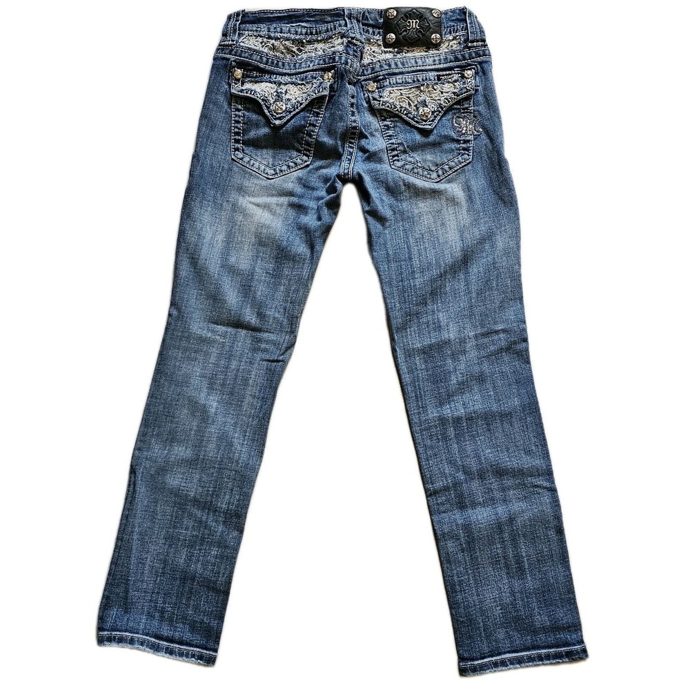 Miss Me JE5865P Cuffed‎ Capri Jeans Lace Rhinestone Embellished Blue Denim 27